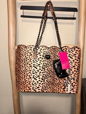 Betsey Johnson XO Leopard Print Tote Bag Chain Strap with Coin Purse Charm